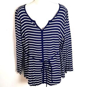 Oh Baby Maternity Top, Navy & White Stripes with Tie Belt, Size Large